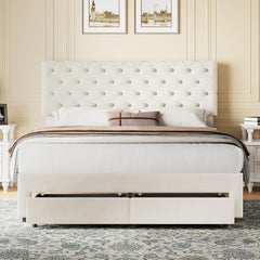 Full Size Bed Frame with 2 Storage Drawers, Upholstered Bed Frame with Adjustable Diamond Headboard, Velvet Modern Platform Bed Frame, No Box Spring Needed, Easy to Assemble, Beige