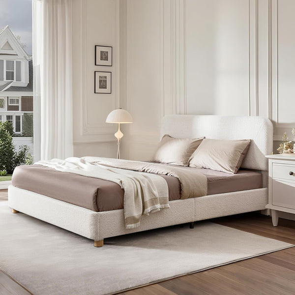 Full Size Boucle Bed Frame, Upholstered Cloud Bed Frame with Adjustable Headboard, Solid Wood Legs, Rounded Corners Design & Easy Assembly – Modern Platform Bed,Cream