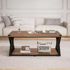 43” Industrial Coffee Table, 2-Tier Farmhouse Center Table with Storage Shelf, Angle Iron Top & Metal Frame, Living Room Cocktail Table, Rustic Brown