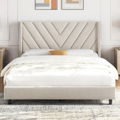 Queen Bed Frame Upholstered Platform Bed with Wing Side/Wooden Slat Support/Tufted Headboard with Wing Side/Mattress Foundation/No Box Spring Needed,Beige Queen Bed