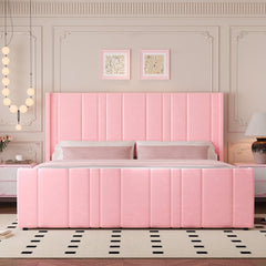 King Size Bed Frame and Headboard, Upholstered Bed with Vertical Channel Tufted Headboard & Footboard, Wooden Slats/Noise Free/No Box Spring Needed/Easy Assembly, Pink