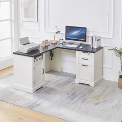 55” Farmhouse L Shaped Desk with Charging Station,Executive L Shaped Desk with Lockable Drawers and Storage Cabinet & Adjustable File Cabinet,White Corner Desk for Home Office