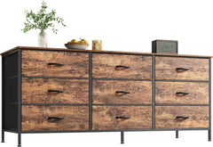 63 Inch Dresser for Bedroom, Dresser for Closet with 9 Drawers, Large TV Stand for 55, 65, 70 Inch TV, Entertainment Center with Storage, Wide Long Chest of Drawers, Rustic Brown