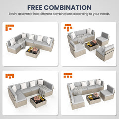 7-Piece Outdoor Sectional Furniture Set, All-Weather Wicker Patio Sofa with Washable Cushions, Gray Waterproof Rattan Conversation Set for Backyard, Poolside, Garden (Gray Cushions)