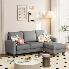 Couch for Small Living Room, 73" Small Sofa with Reversible Ottoman, 3 Seat L-Shaped Sofas, Comfy Couches for Apartment (Linen Fabric, Dark Grey)
