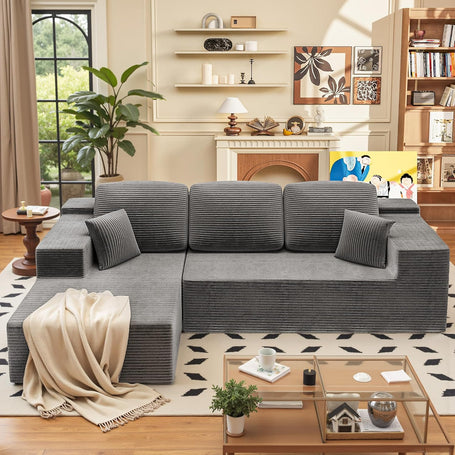 108" Modular Sectional Sofa, Boneless Couch with L-Shape Chaise, Cloud Couch with Deep Seat Upholstered, No Assembly Required for Living Room, Bedroom (Corduroy, Grey)