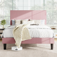 Full Bed Frame, Velvet Platform Bed Frame with Vertical Channel Tufted Headboard, Upholstered Corduroy, Strong Wooden Slats, Mattress Foundation, No Box Spring Needed, Easy Assembly, Black