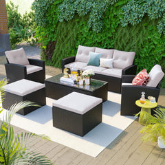 6 Piece Outdoor Patio Furniture Set with Lift Top Table & Ottomans, Outdoor Sectional All Weather PE Rattan Wicker Sectional Furniture Chair Set with Cushions and Tea Table (Dark Gray)
