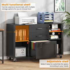 3 Drawer Wood Lateral File Cabinet with Lock, Rolling Mobile Filing Cabinet with Open Storage Shelves, Printer Stand Office Storage Cabinet for Home Office Fits Files Legal/A4 Size, Black
