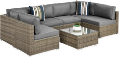 7-Piece Modular Outdoor Sectional Wicker Patio Conversation Set W/ 2 Pillows, Coffee Table, Cover Included - Gray/Cream
