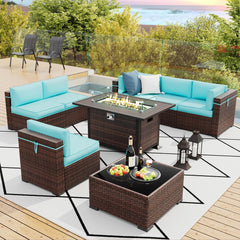 Patio Furniture Sets, 7 Pieces Outdoor Rattan Sectional Sofa Set with Glass Table and Cushions, Wicker Patio Conversation Set for Outdoor Indoor Backyard Lawn Garden Porch (Grey)