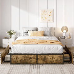 Full Platform Bed Frame with 2 Large Storage Drawers, Rustic Wood and Metal, Noise-Free, Easy Assembly, No Box Spring Needed, Black