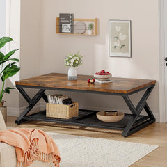 Coffee Table with Storage, Modern Coffee Tables for Living Room with Mesh Shelf, 2 Tier Rectangular Center Table for Living Room, Bedroom, 47.2 Inch, Rustic Brown