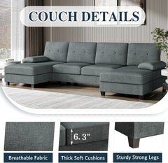 Sectional Couches for Living Room, U Shaped Couch 4- Seat Sectional Sofa with Double Chaise, Comfortable Fabric Large Sofa for Apartment (Grey)