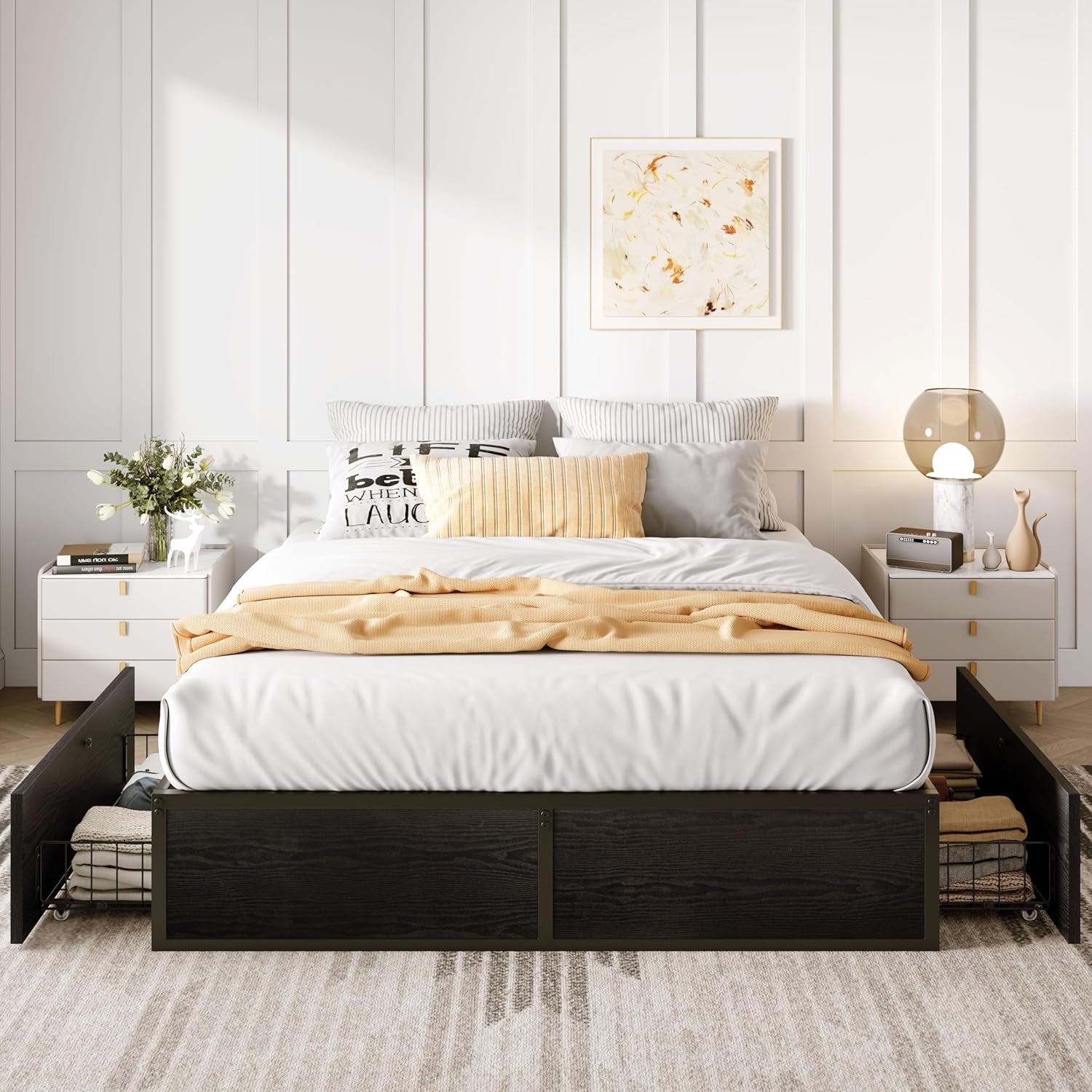 Full Platform Bed Frame with 2 Large Storage Drawers, Rustic Wood and Metal, Noise-Free, Easy Assembly, No Box Spring Needed, Black