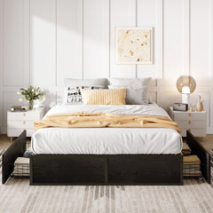 Full Platform Bed Frame with 2 Large Storage Drawers, Rustic Wood and Metal, Noise-Free, Easy Assembly, No Box Spring Needed, Black