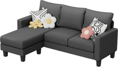 Couch for Small Living Room, 73" Small Sofa with Reversible Ottoman, 3 Seat L-Shaped Sofas, Comfy Couches for Apartment (Linen Fabric, Dark Grey)