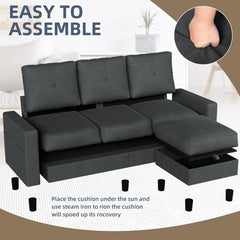 Convertible Sectional Couches for Living Room, L-Shaped Couch 3 Seat Sectional Sofa Set with Polyester Fabric and Movable Ottoman Small Couch for Apartments, Office, Black