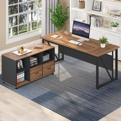 63 Inches Executive Desk and 47" Lateral File Cabinet, L-Shaped Computer Desk Home Office Business Furniture with Drawers and Storage Shelves, Office Table,Brown and Black