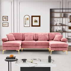 U Shaped Sectional Sofa Couch, 114" Convertible L Shaped Sofa with Chaise Lounge & Ottoman, Modern Oversized Modular 4 Seat Sleeper Sofa Set for Living Room Office, Red Velvet