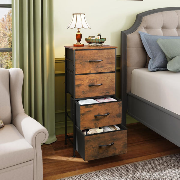 Dresser with 4 Drawers, Fabric Storage Tower, Organizer Unit for Bedroom, Hallway, Entryway, Closets, Sturdy Steel Frame, Wood Top, Easy Pull Handle, Rustic Brown Wood Grain Print