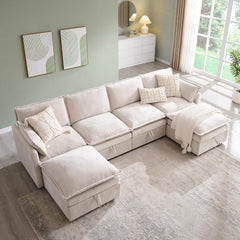 88.98" Modern U-Shaped Sectional Sofa with Ottoman and Storage, Chenille 3-Seater Couch with Deep Seat and Pillows for Living Room and Bedroom, Beige White