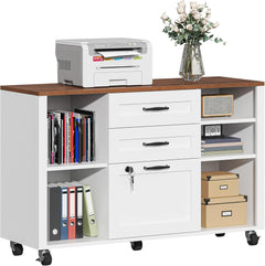 3 Drawer Wood Lateral File Cabinet with Lock, Rolling Mobile Filing Cabinet with Open Storage Shelves, Printer Stand Office Storage Cabinet for Home Office Fits Files Legal/A4 Size, Black
