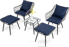 5 Piece Patio Furniture Set, Outdoor Wicker Small Conversation Bistro Set, All-Weather PE Rattan Chairs with Ottoman & Coffee Table, Ideal for Balcony Porch Deck Yard Poolside (Yellow/Beige)