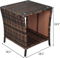 Outdoor Wicker Side Table Patio Side Tables for Outside, Tempered Glass Top Wicker Table with Storage End Table for Balcony Porch Deck (Brown)