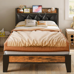 Full Size Bed Frame, Storage Headboard with Outlets, Easy to Install, Sturdy and Stable, No Noise, No Box Springs Needed - Perfect for a Good Night'S Sleep
