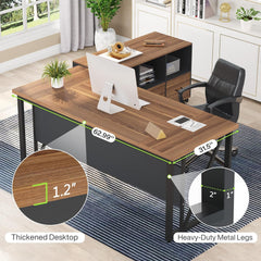 63 Inches Executive Desk and 47" Lateral File Cabinet, L-Shaped Computer Desk Home Office Business Furniture with Drawers and Storage Shelves, Office Table,Brown and Black