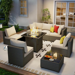 7 Piece Outdoor Patio Furniture Set, Outdoor Sectional Furniture, Rattan & Wicker Modern Modular Conversation Set Sofa Couch W/Water Resistant Washable Thick Cushions and Coffee Table, Coffee/Beige