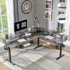 60 Inches L Shaped Electric Standing Desk, Height Adjustable Corner Gaming Desk with Drawers, Keyboard Tray, Power Outlets & LED Lights, Computer Desk with Monitor Shelf, Antique White