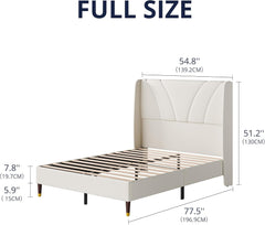 Full Size Bed Frame with 51.2" Tall Curved Wingback Headboard, Linen Upholstered Platform Bed, Soft Fabric/Noise-Free/Wooden Slats Support/No Box Spring Needed/Easy Assembly, Beige