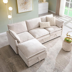 88.98" Modern U-Shaped Sectional Sofa with Ottoman and Storage, Chenille 3-Seater Couch with Deep Seat and Pillows for Living Room and Bedroom, Beige White