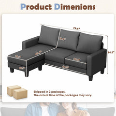 Couch for Small Living Room, 73" Small Sofa with Reversible Ottoman, 3 Seat L-Shaped Sofas, Comfy Couches for Apartment (Linen Fabric, Dark Grey)