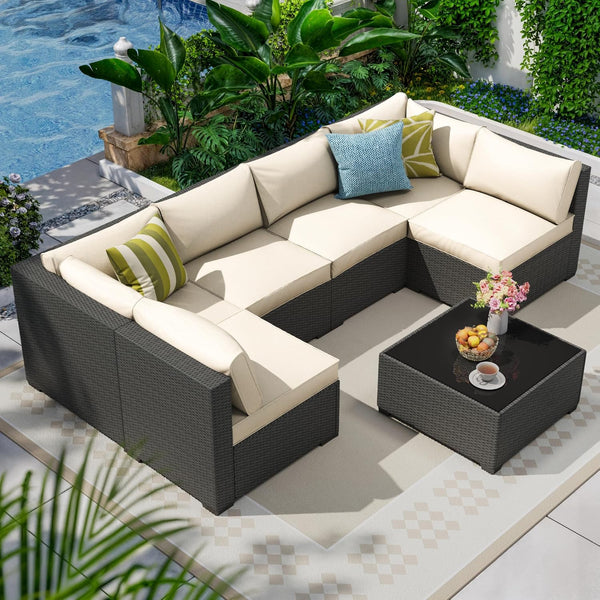 7 Piece Outdoor Patio Furniture Set, Outdoor Sectional Furniture, Rattan & Wicker Modern Modular Conversation Set Sofa Couch W/Water Resistant Washable Thick Cushions and Coffee Table, Coffee/Beige