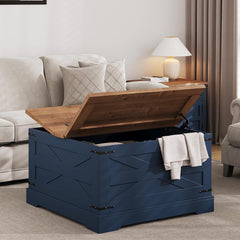 Farmhouse Coffee Table with Hidden Storage, Navy Blue Square Coffee Table for Living Room, Wood Large Center Table with Hinged Lift Top for Home, Office