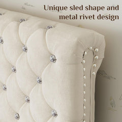 Full Size Bed Frame with 2 Storage Drawers, Upholstered Bed Frame with Adjustable Diamond Headboard, Velvet Modern Platform Bed Frame, No Box Spring Needed, Easy to Assemble, Beige