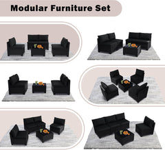 5 Pieces Patio Furniture Sets, Outdoor Furniture Patio Conversation Set, All Weather PE Rattan Sectional Sofa with Cushions and Glass Table (5 Pieces-S, Black-Black)