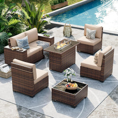 Patio Furniture Set, 8 Inch Armrest Outdoor Sectional Sofa, 6 Piece Wicker Outdoor Furniture Conversation Sets with Waterproof Cover and Coffee Table for Backyard Deck(Brown/Dark Grey)