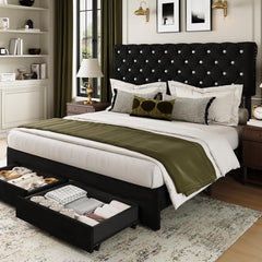 Full Size Bed Frame with 2 Storage Drawers, Upholstered Bed Frame with Adjustable Diamond Headboard, Velvet Modern Platform Bed Frame, No Box Spring Needed, Easy to Assemble, Beige