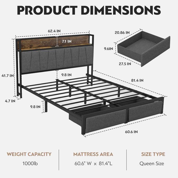 Queen Size Bed Frame with Headboard and Storage, Drawers Platform Bed Frame with Storage Chargin Station LED Light Bedframe, Heavy Duty, No Box Spring Needed