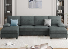 Sectional Couches for Living Room, U Shaped Couch 4- Seat Sectional Sofa with Double Chaise, Comfortable Fabric Large Sofa for Apartment (Grey)