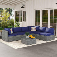 7-Piece Outdoor Patio Furniture Set – Handwoven All-Weather Rattan & 4” Thick Waterproof Cushions, Wicker Outdoor Conversation Sets with Coffee Table for Deck, Backyard, Garden