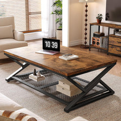 Coffee Table with Storage, Modern Coffee Tables for Living Room with Mesh Shelf, 2 Tier Rectangular Center Table for Living Room, Bedroom, 47.2 Inch, Rustic Brown