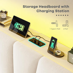 Queen Size Bed Frame with LED Lights, Storage Headboard with Charging Station, Velvet Platform Bed Frame for Apartment, Dorm, Noise-Free, Easy Assembly, Beige