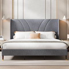 Full Size Bed Frame with 51.2" Tall Curved Wingback Headboard, Linen Upholstered Platform Bed, Soft Fabric/Noise-Free/Wooden Slats Support/No Box Spring Needed/Easy Assembly, Beige