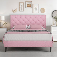 Queen Bed Frame with Headboard, Linen Fabric Upholstered Bed Frame Queen, Wood Slats Support, Button Tufted, No Box Spring Needed, White