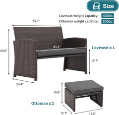 Outdoor Loveseat 3 Piece Patio Furniture Set Outdoor Conversation Set All-Weather Wicker Love Seat with Ottoman/Side Table, Brown Rattan, Dark Grey